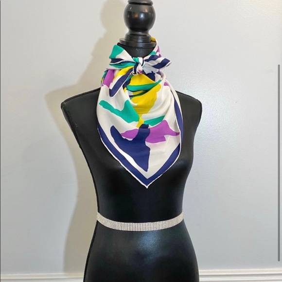 Square Silk Scarf Abstract Print Hand Rolled Edge - Picture 2 of 4